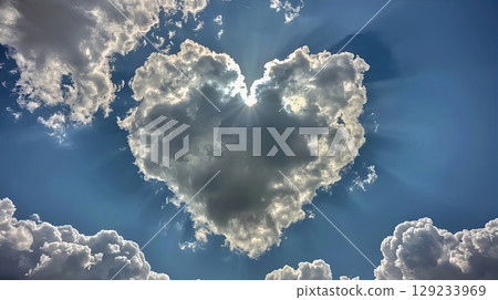 Heart-shaped clouds in a bright blue sky create a romantic atmosphere perfect for Valentine's Day celebrations and expressions of love 129233969