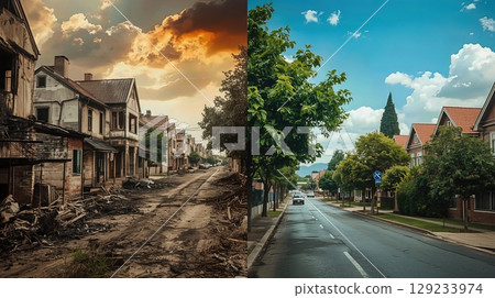 Contrast between abandoned damaged houses after war in a desolate area and a vibrant neighborhood with trees and clear skies, showcasing urban transformation and resilience 129233974