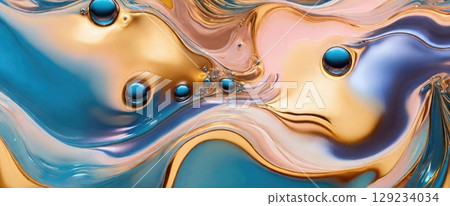 Abstract Liquid Art with Spherical Drops Golden Hues and Tranquil Blue, Iridescent Flow 129234034
