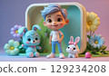 A cheerful young boy with blue hair standing joyfully next to two adorable bunnies in a meadow 129234208