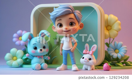 A cheerful young boy with blue hair standing joyfully next to two adorable bunnies in a meadow 129234208