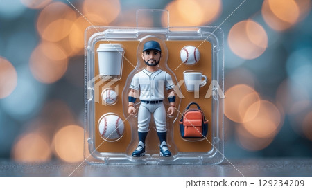 Close-up of a figurine of a baseball player with removable accessories on an isolated background 129234209
