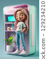 Cheerful young woman in a diorama with serene expression and cat design t-shirt 129234210