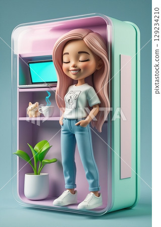 Cheerful young woman in a diorama with serene expression and cat design t-shirt Cheerful young woman in a diorama with serene expression and cat design t-shirt 129234210
