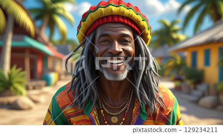 Joyful Caribbean Man with Dreadlocks Radiating Happiness in a Vibrant Tropical Setting, Portrait Joyful Caribbean Man with Dreadlocks Radiating Happiness in a Vibrant Tropical Setting, Portrait 129234211