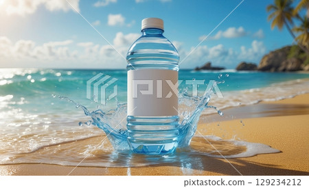 Refreshing Bottled Water on a Sandy Beach with Turquoise Sea and Clear Blue Sky Backdrop 129234212