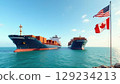 International Trade and Commerce Container Ships and National Flags of USA and Canada 129234213