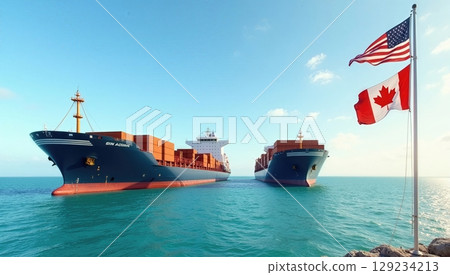 International Trade and Commerce Container Ships and National Flags of USA and Canada International Trade and Commerce Container Ships and National Flags of USA and Canada 129234213