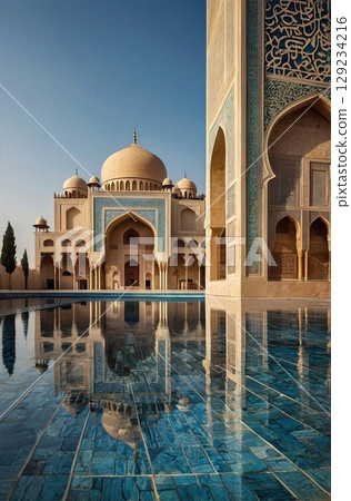 Majestic Mosque Architecture Reflected in Tranquil Waters, a Serene Oasis of Islamic Art Majestic Mosque Architecture Reflected in Tranquil Waters, a Serene Oasis of Islamic Art 129234216