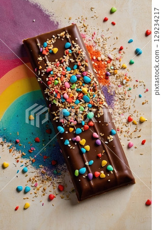 Colorful Chocolate Bar Delight with Sprinkles and Rainbow Hues, a Sweet Treat Indulgence Colorful Chocolate Bar Delight with Sprinkles and Rainbow Hues, a Sweet Treat Indulgence 129234217