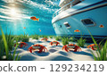 Underwater Paradise Crabs, Fish, and Yacht Amidst Sunlit Ocean Depths. Marine Life. 129234219