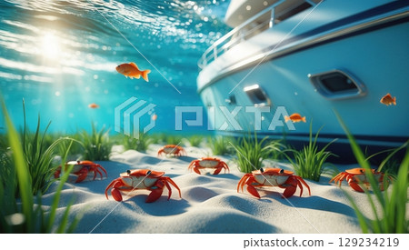 Underwater Paradise Crabs, Fish, and Yacht Amidst Sunlit Ocean Depths. Marine Life. 129234219