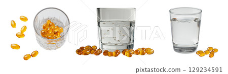 Gelatin capsules next to glasses of water, created with AI, PNG 129234591