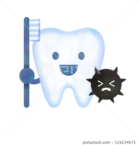 水彩人物插圖：微笑的牙齒拿著牙刷，哭泣的細菌 129234675