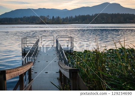 A floating dock at Quamichan Lake Provincial Park in British Columbia. Floating Jigsaw or plastic pontoon walkway floating on a lake. Floating Dock. Plastic Pontoon bridge. Beautiful landscape Canada 129234690