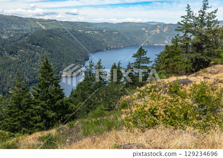 Beautiful landscape in Canada. Saanich inlet from the Malahat summit in summer day Vancouver Island Canada. BC parks. Rainforest ecosystem, forested mountain. Natural scenery green pine forest. 129234696
