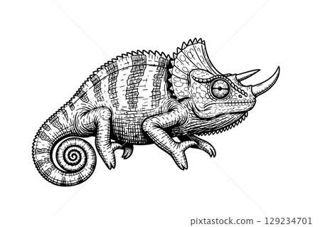 Intricate vector of a Jackson's chameleon, ideal for exotic animal and nature designs. 129234701