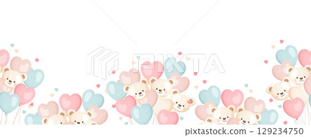 Seamless border with heart shaped balloons and teddy bears 129234750