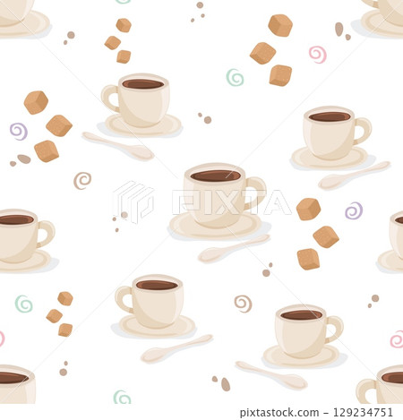 Seamless pattern with coffee cups, spoons and sugar cubes Seamless pattern with coffee cups, spoons and sugar cubes 129234751