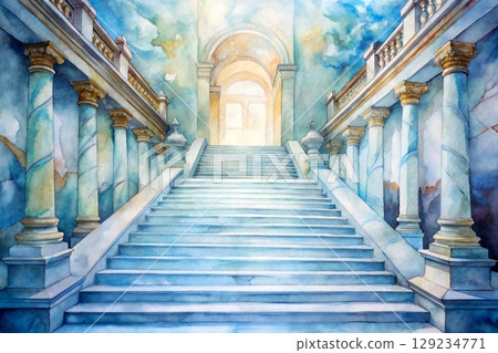Blue tones.Watercolor great marble staircase in perfect rich medieval palace Blue tones.Watercolor great marble staircase in perfect rich medieval palace 129234771