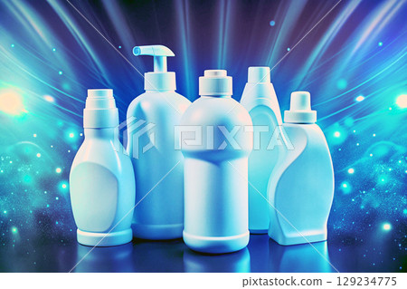 Blue washing.Plastic various white bottles for detergents 129234775