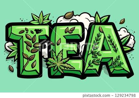 Green Inscription with letters Tea, dried herbal leaves for drinks 129234798