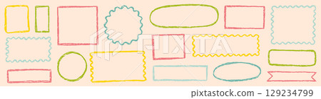 Doodle brush crayon shape color frame set. Hand drawn crayon pencil box, pastel rough chalk texture square border. Cute cartoon paint frame circle, square background design. Vector 129234799