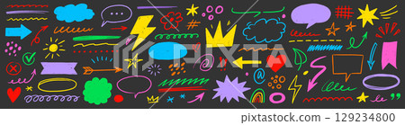 Hand drawn line chalk set. Crayon line arrow, speech bubble, pencil highlight and textured brush icon with cartoon heart, hand drawn marker element. Chalkboard frame sketch. Vector 129234800