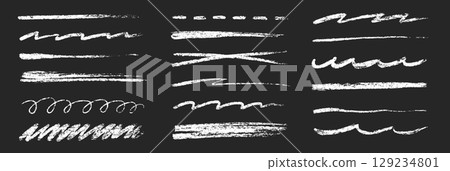 Chalk line underline brush set. Hand drawn crayon and pencil stroke with chalk texture and grunge mark for kid chalkboard design. Doodle border crayon underline in sketch style. Vector 129234801