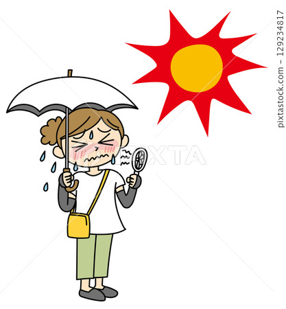 Illustration of a woman sweating in the heat and the summer sunshine Vector Illustration of a woman sweating in the heat and the summer sunshine Vector 129234817