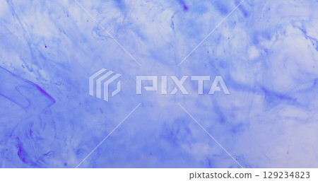Defocused fluid. Ink mix. Violet mist emulsion swirl texture blur water stream. Falling pigment drip haze fantasy abstract background. 129234823