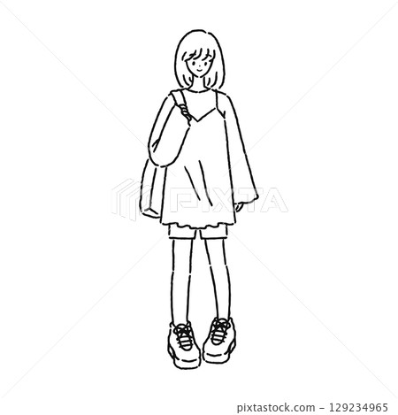 穿著吊帶背心裙的女人 — 線條畫 129234965