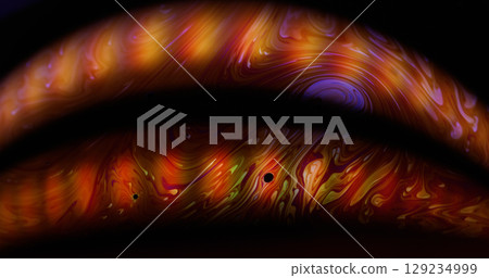 Liquid flare texture. Defocused arch. Colorful ink light spilling in emulsion. Pigment curl flow abstract black background free space. 129234999