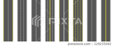 Top view road markings set. Highway lines and race tracks set. Seamless straight street road pack. Town or city pavement asphalt repeated patten. Vertical roadway drive stripes bundle. Vector 129235092