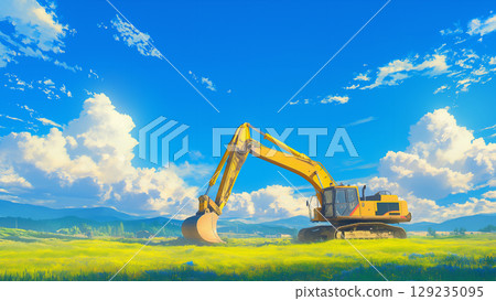 Excavator on blue sky and grassland, anime style 129235095