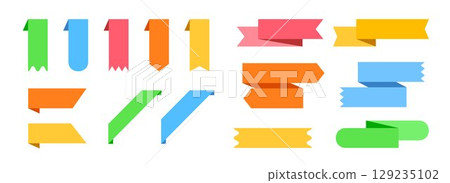 Bookmarks and ribbon banners set. Colorful note and mark elements collection. Different labels and badges pack for promotion, product decoration, price tag, discount sticker. Vector bundle 129235102
