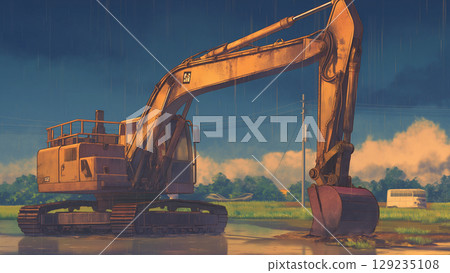 Excavator on a rainy day, anime style 129235108