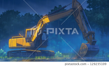 Excavator on a rainy night, anime style 129235109