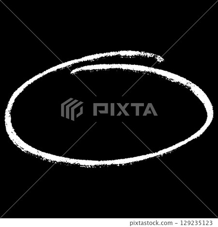 White crayon sketch oval shape on black background, scribble chalk, pencil horizontal round figure, doodle kids drawing 129235123
