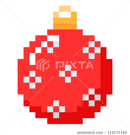 Christmas tree toy decoration vector pixel art icon, cartoon 8 bit retro videogame holiday festive red ornamental ball Christmas tree toy decoration vector pixel art icon, cartoon 8 bit retro videogame holiday festive red ornamental ball 129235169
