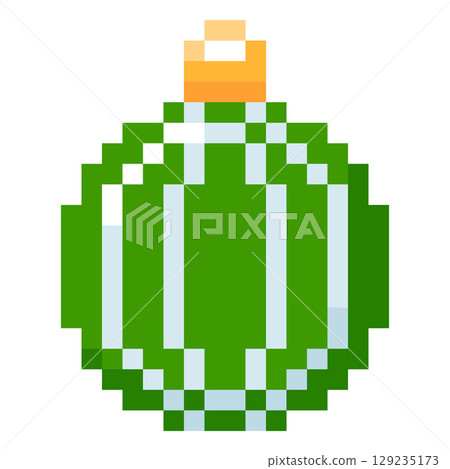 Christmas tree toy decoration vector pixel art icon, cartoon 8 bit retro videogame festive green striped ornamental ball Christmas tree toy decoration vector pixel art icon, cartoon 8 bit retro videogame festive green striped ornamental ball 129235173