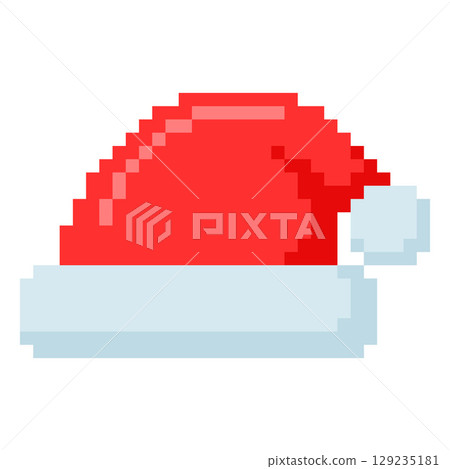 Pixel Santa Claus hat, red color, 8 bit icon, traditional symbol. Pixel Santa Claus hat, red color, 8 bit icon, traditional symbol. 129235181