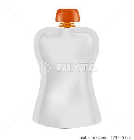 Blank flexible pouch up bag mockup with orange spout lid, vector realistic 3D doypack food or drink products bag package Blank flexible pouch up bag mockup with orange spout lid, vector realistic 3D doypack food or drink products bag package 129235192