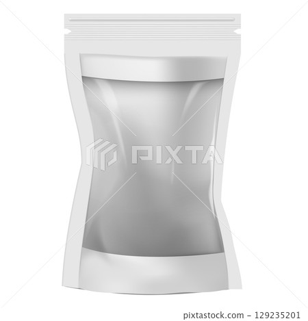Realistic doy pack mockup, white, rectangular, transparent, with closed zipper. 129235201