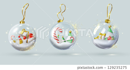 3D glass balls with snow, gift box, lollipop, fir tree, snowflakes, golden ropes and glitter. 129235275