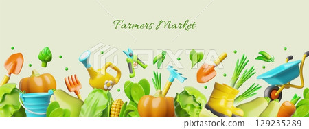 3D banner with bottom border of fresh vegetables and garden tools, farmer's market. 129235289