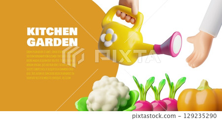 3D banner, hands holding watering can, with orange frame for text, pumpkin, radish, cauliflower. 3D banner, hands holding watering can, with orange frame for text, pumpkin, radish, cauliflower. 129235290