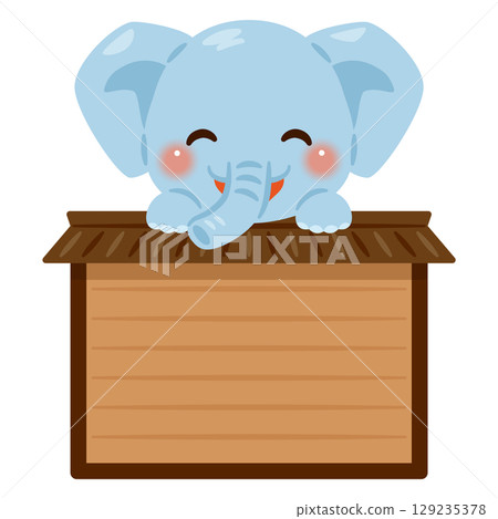 Smiling elephant character illustration riding a wooden sign Smiling elephant character illustration riding a wooden sign 129235378