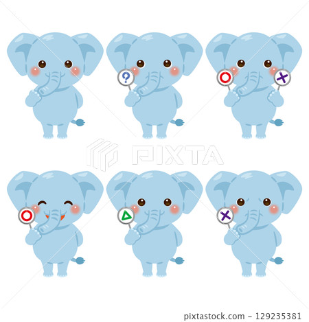 Set of elephant character illustrations holding circle, circle, triangle, and triangle cards 129235381