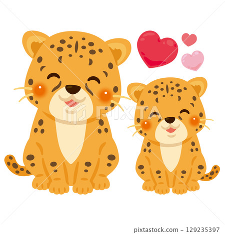 Illustration of a smiling cheetah parent and child sitting Illustration of a smiling cheetah parent and child sitting 129235397